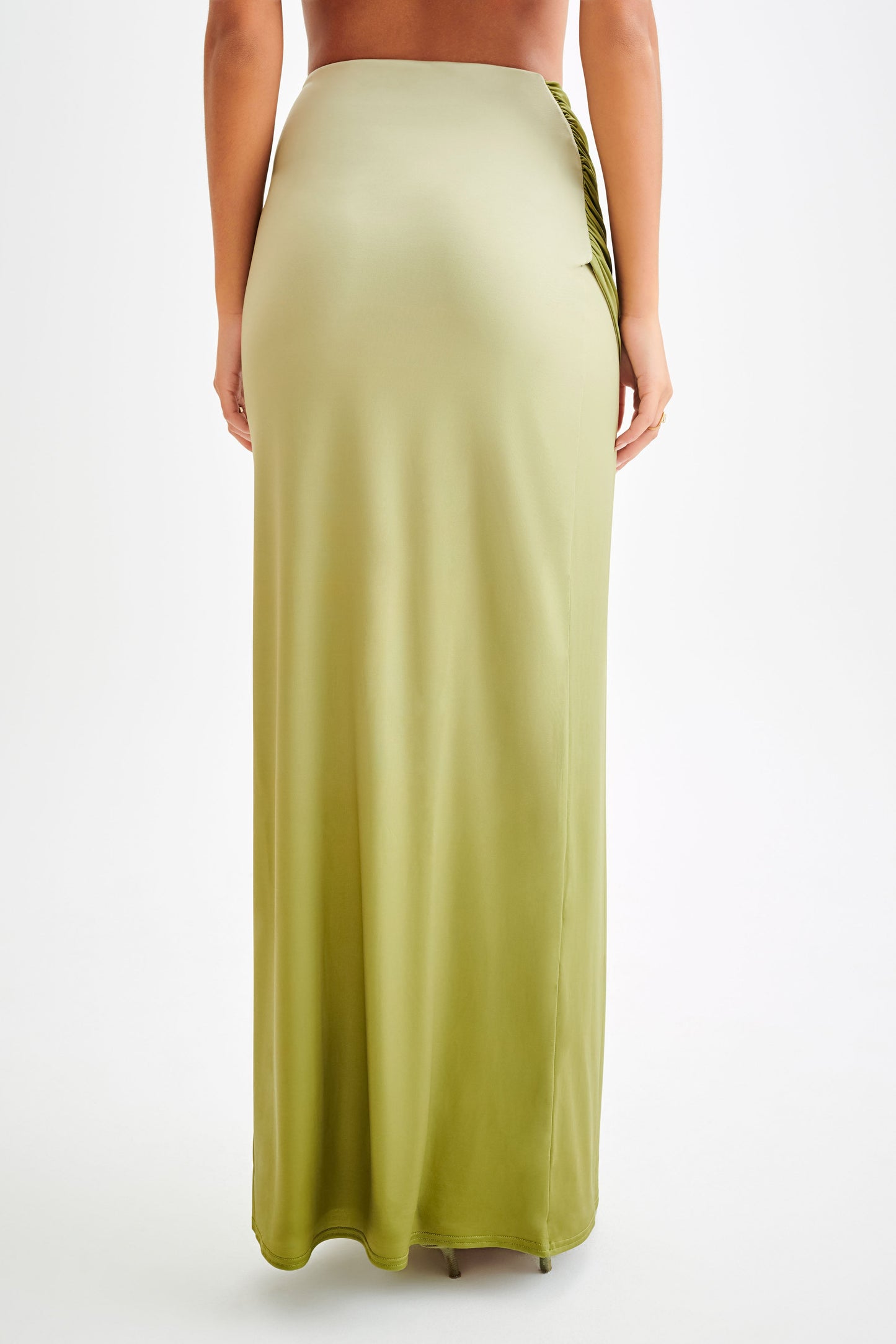 Bronwyn Slinky Ruched Maxi Skirt With Split - Ombre Vintage Olive