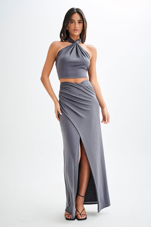 Bronwyn Slinky Ruched Maxi Skirt With Split - Charcoal