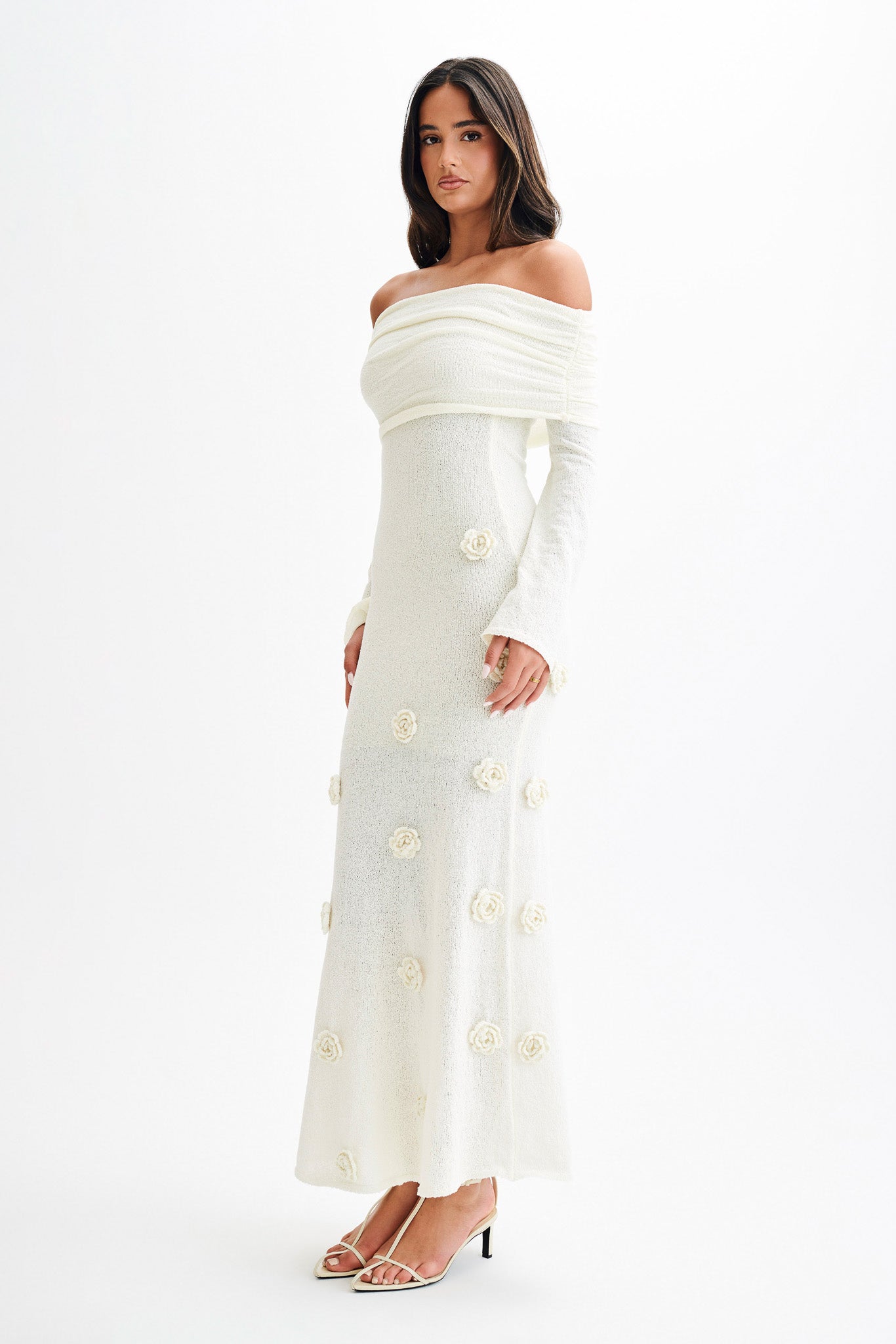 Kiki Off Shoulder Knit Rose Maxi Dress - Ivory