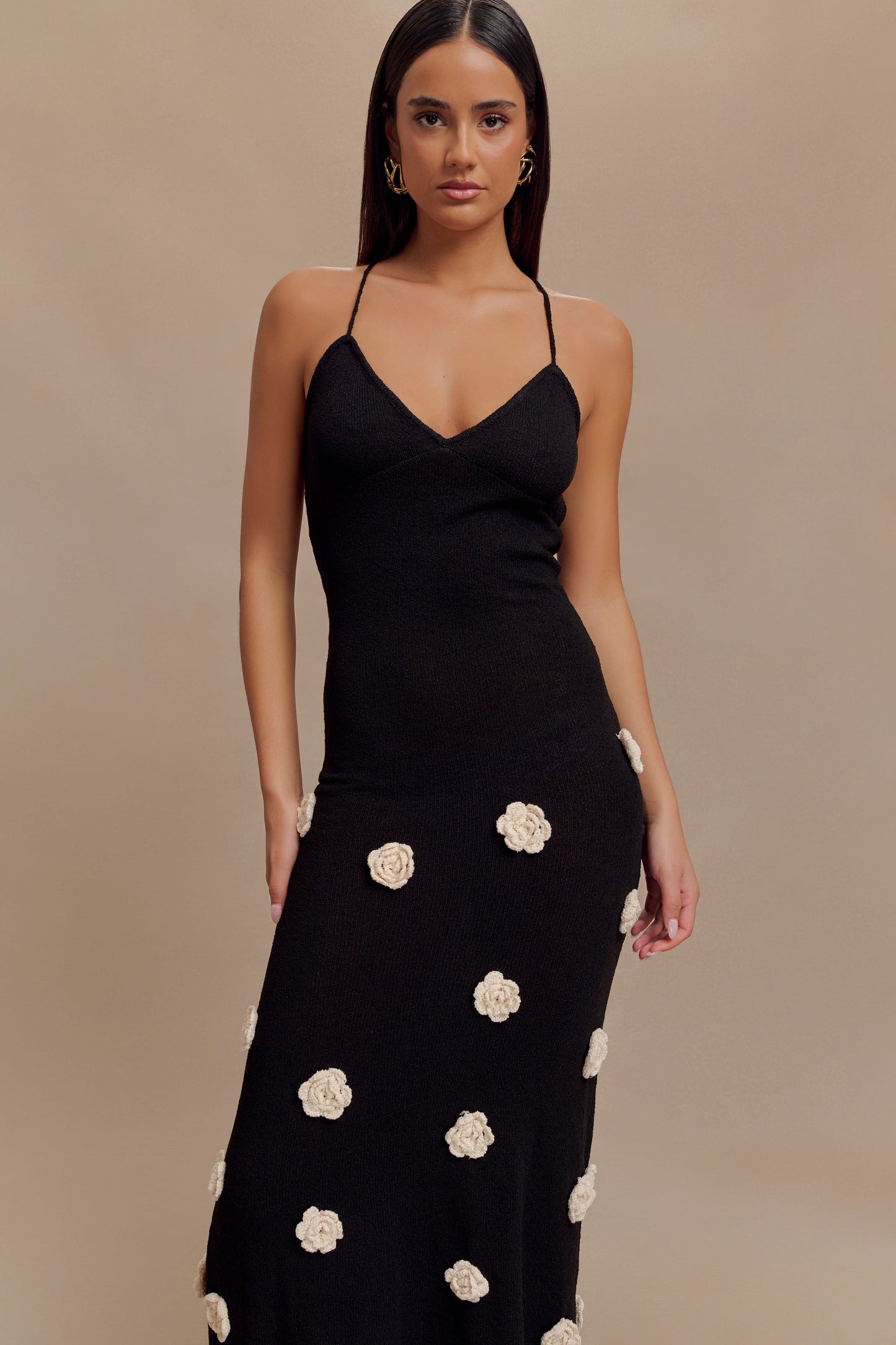 Suki Knit Maxi Dress With Flowers - Black/White