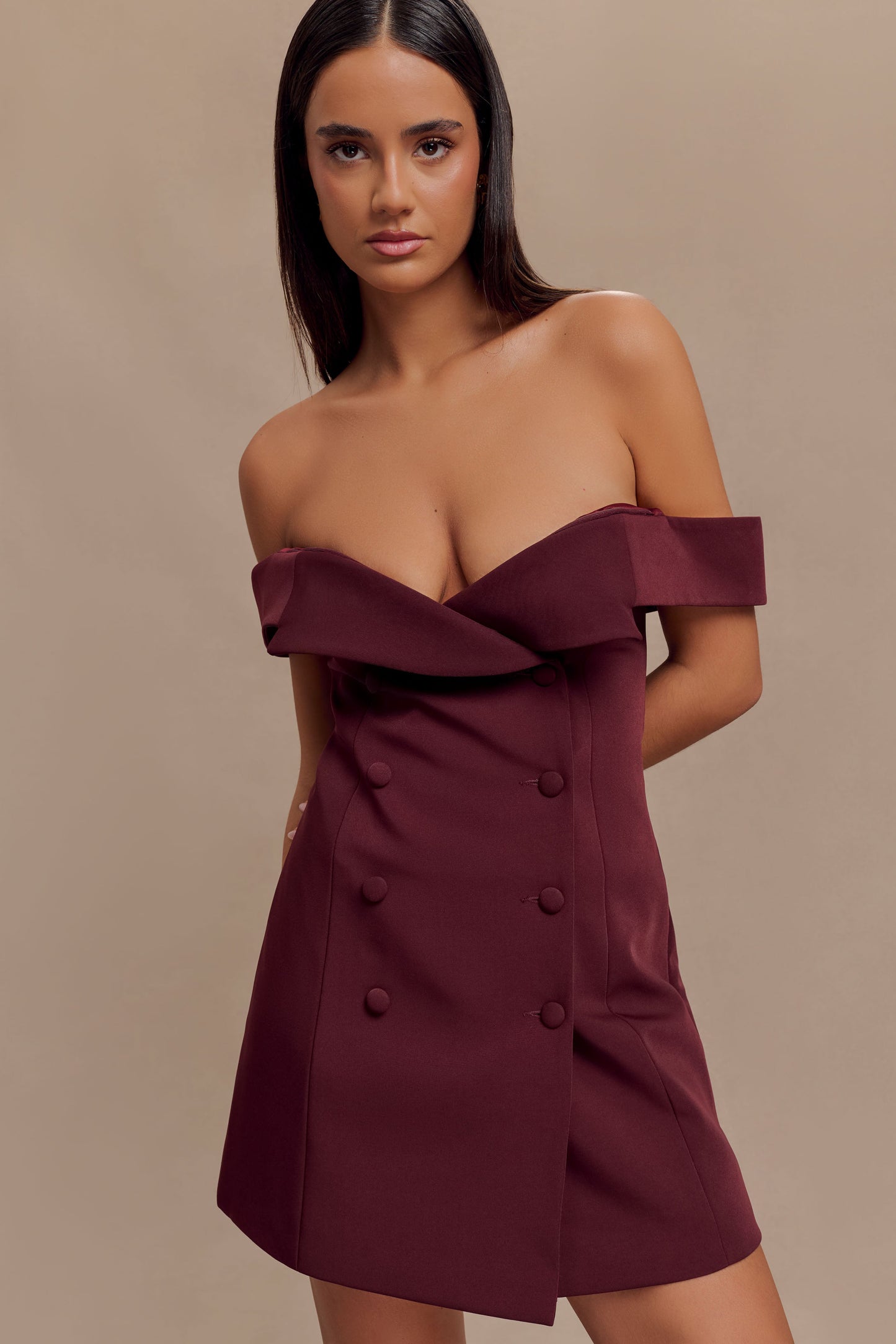 Noelle Off Shoulder Suiting Mini Dress - Mahogany