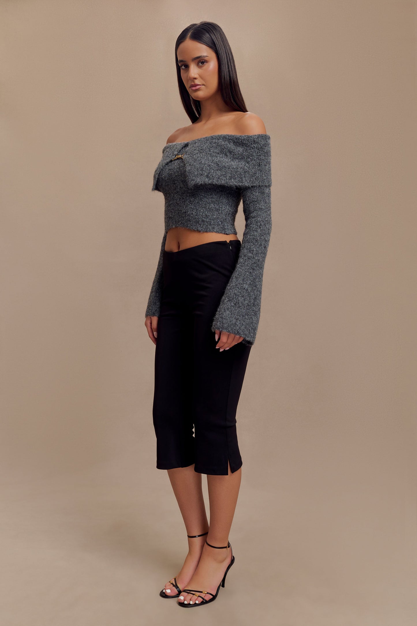 Baxter Off Shoulder Fluffy Knit Top - Charcoal