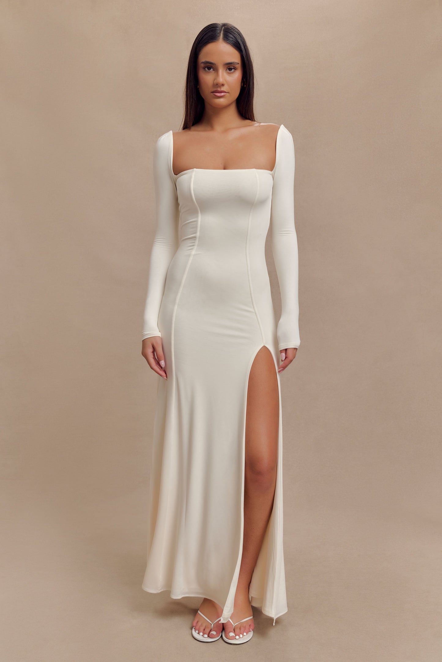 Desirie Slinky Long Sleeve Maxi Dress With Split - Ivory