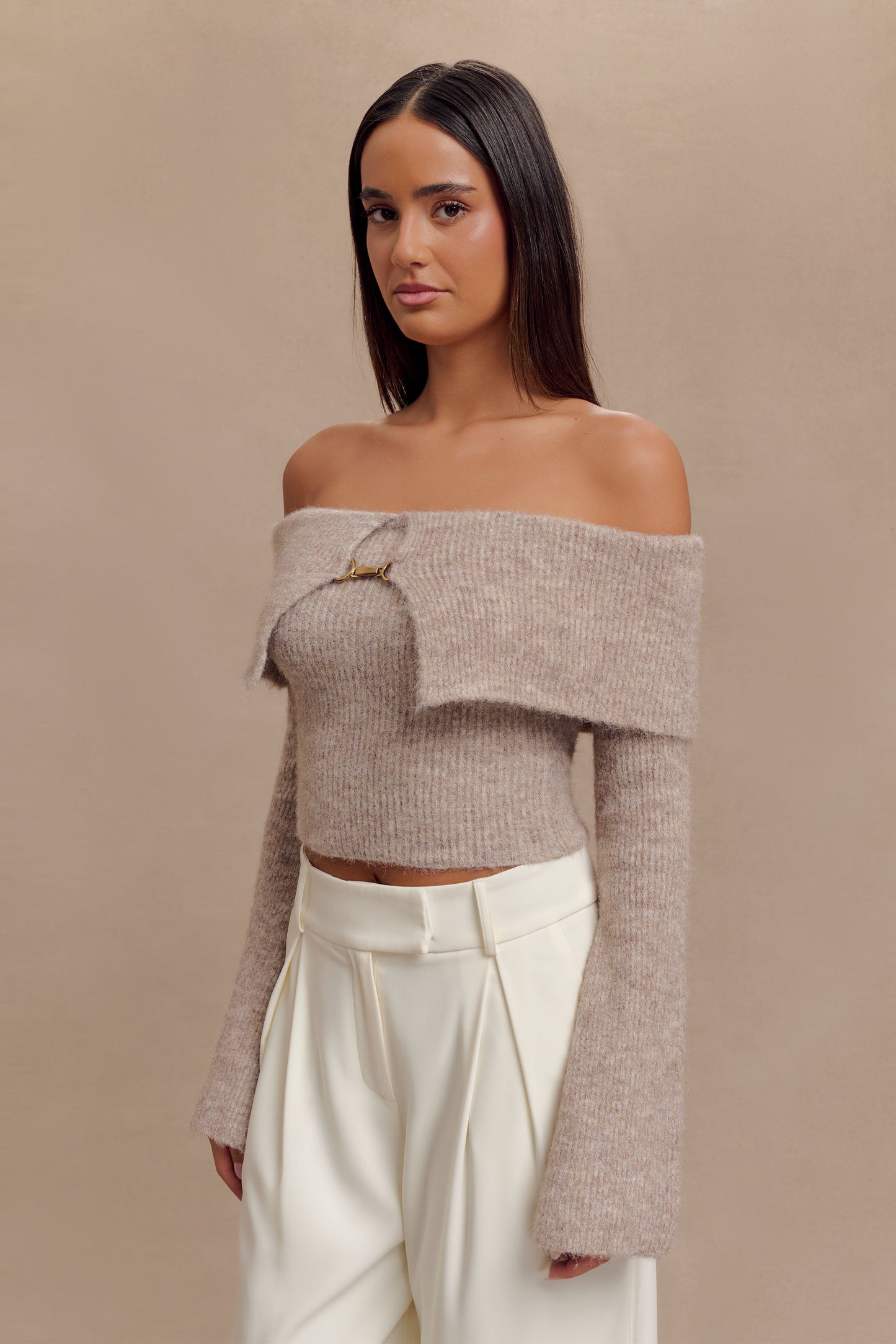 Baxter Off Shoulder Fluffy Knit Top - Taupe