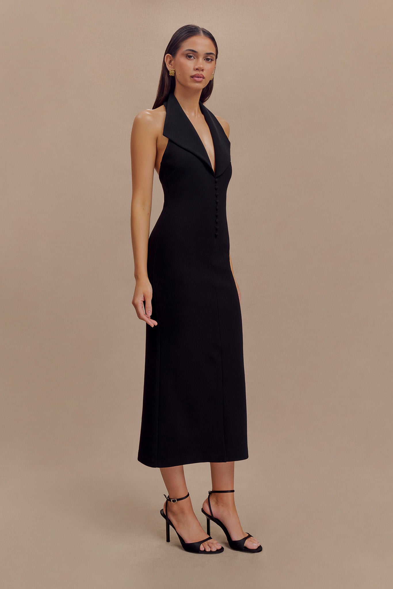 Annita Crepe Halter Midi Dress - Black