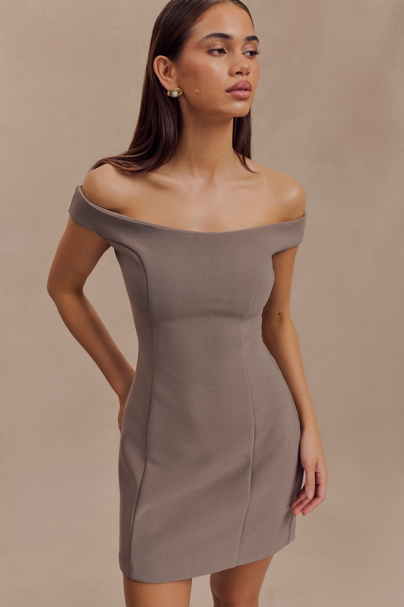 Cassidy Crepe Off Shoulder Mini Dress - Smoke