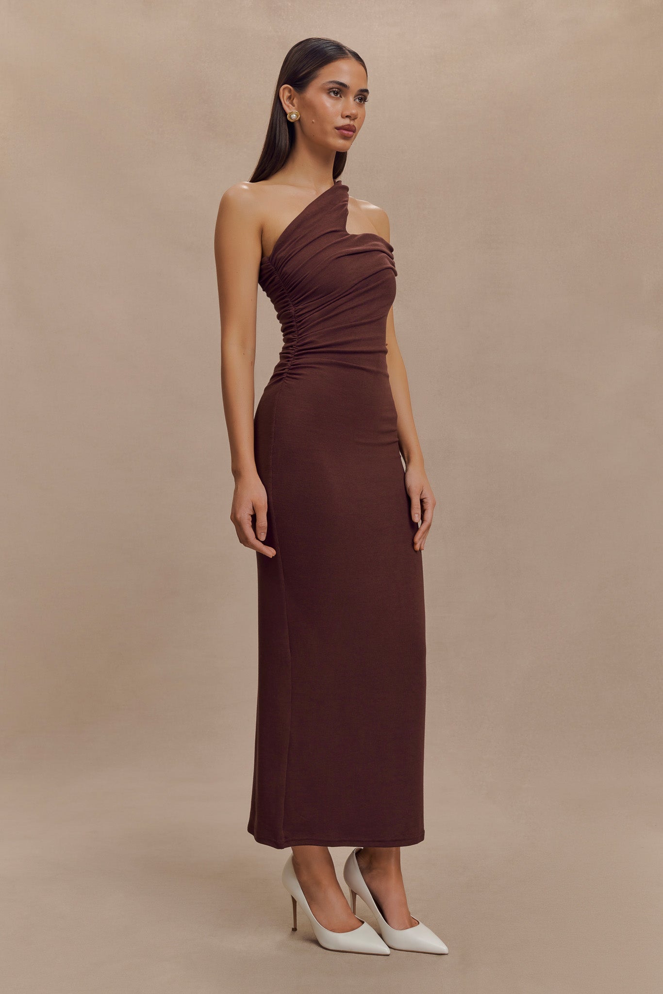 Anastasia One Shoulder Modal Midi Dress - Mahogany