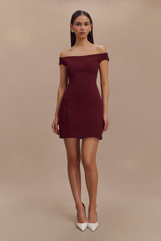 Cassidy Crepe Off Shoulder Mini Dress - Merlot