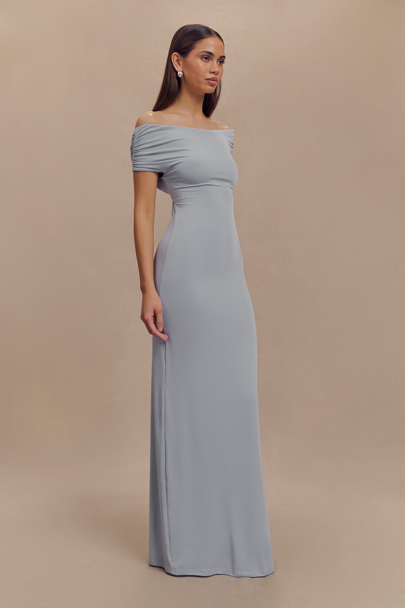 Imogen Off Shoulder Slinky Maxi Dress - Dusty Blue