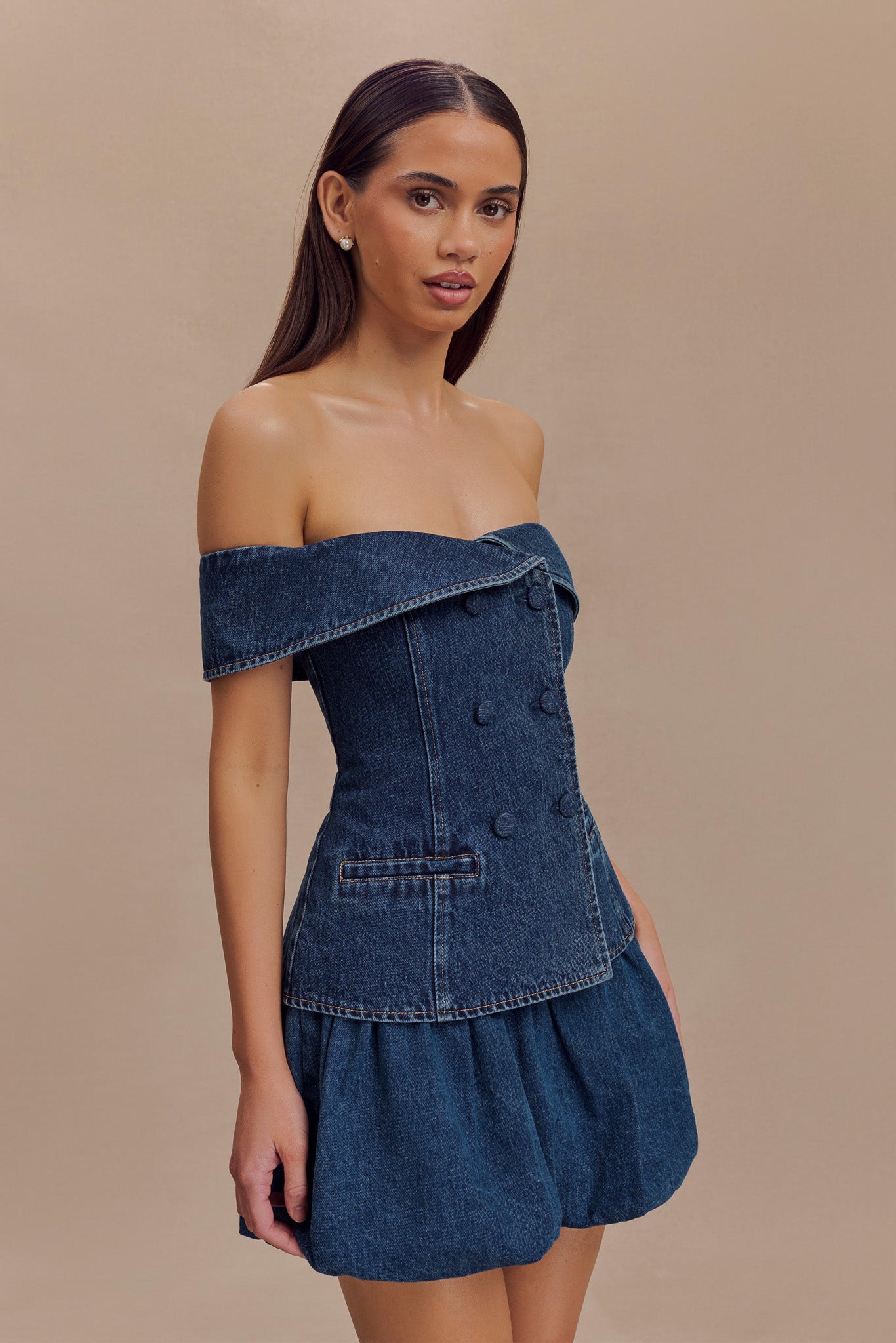 Krista Denim Off Shoulder Top - Dark Blue