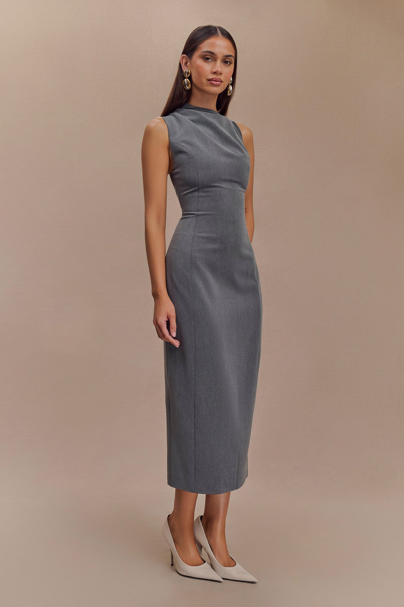 Taylor Draped Crepe Midi Dress - Charcoal Marle