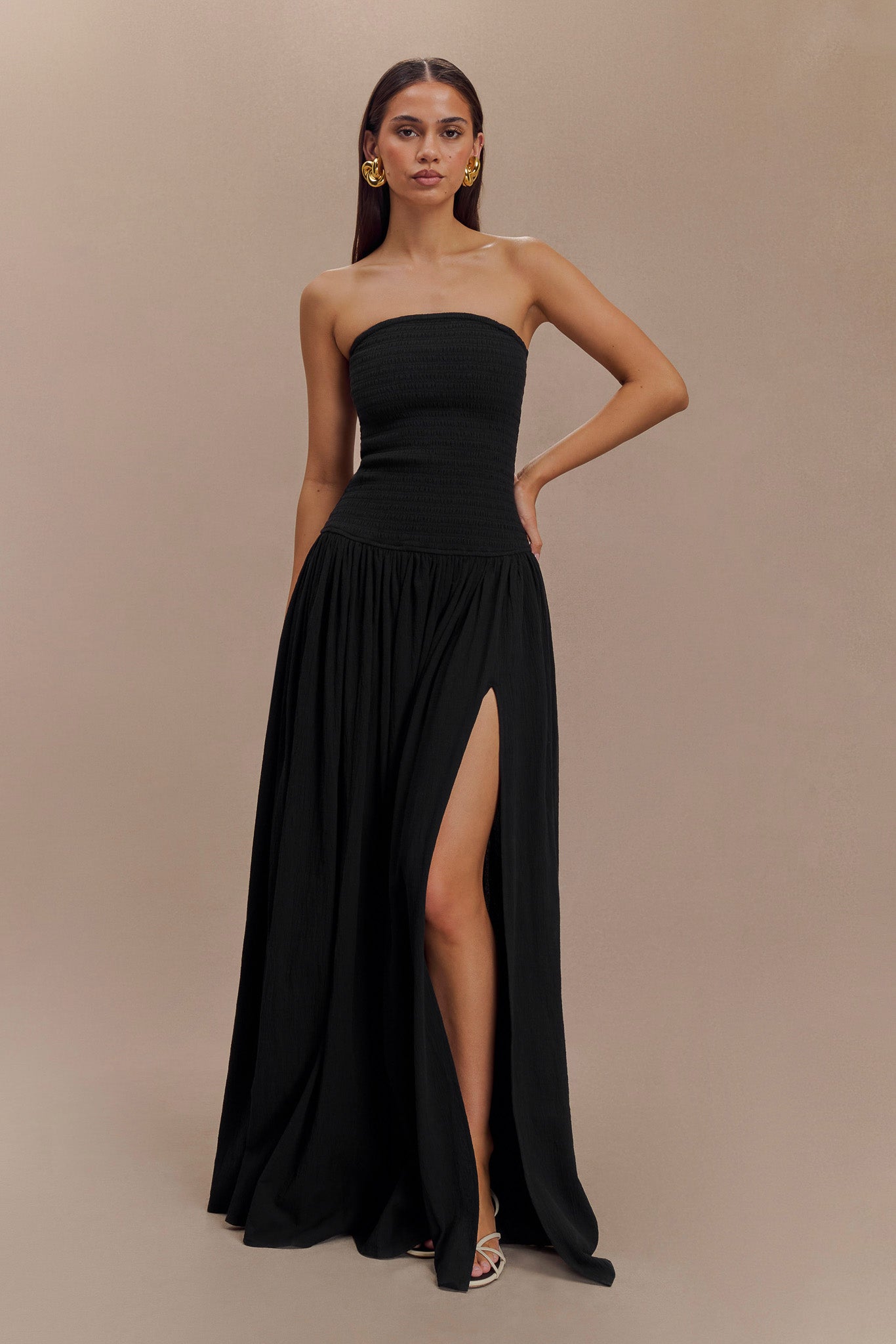 Maureen Cotton Shirring Maxi Dress - Black