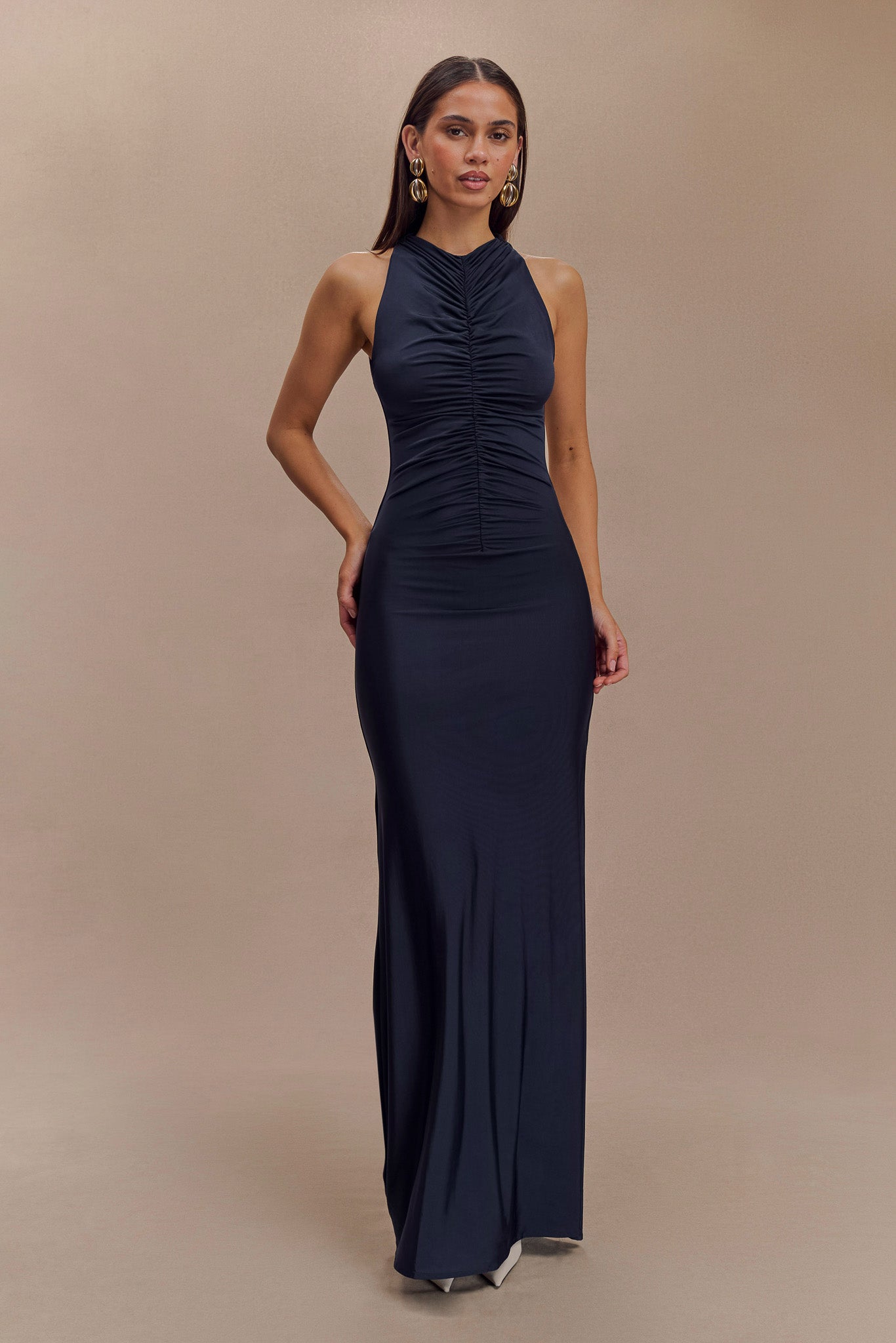 Priya Slinky Ruched Halter Maxi Dress - Navy