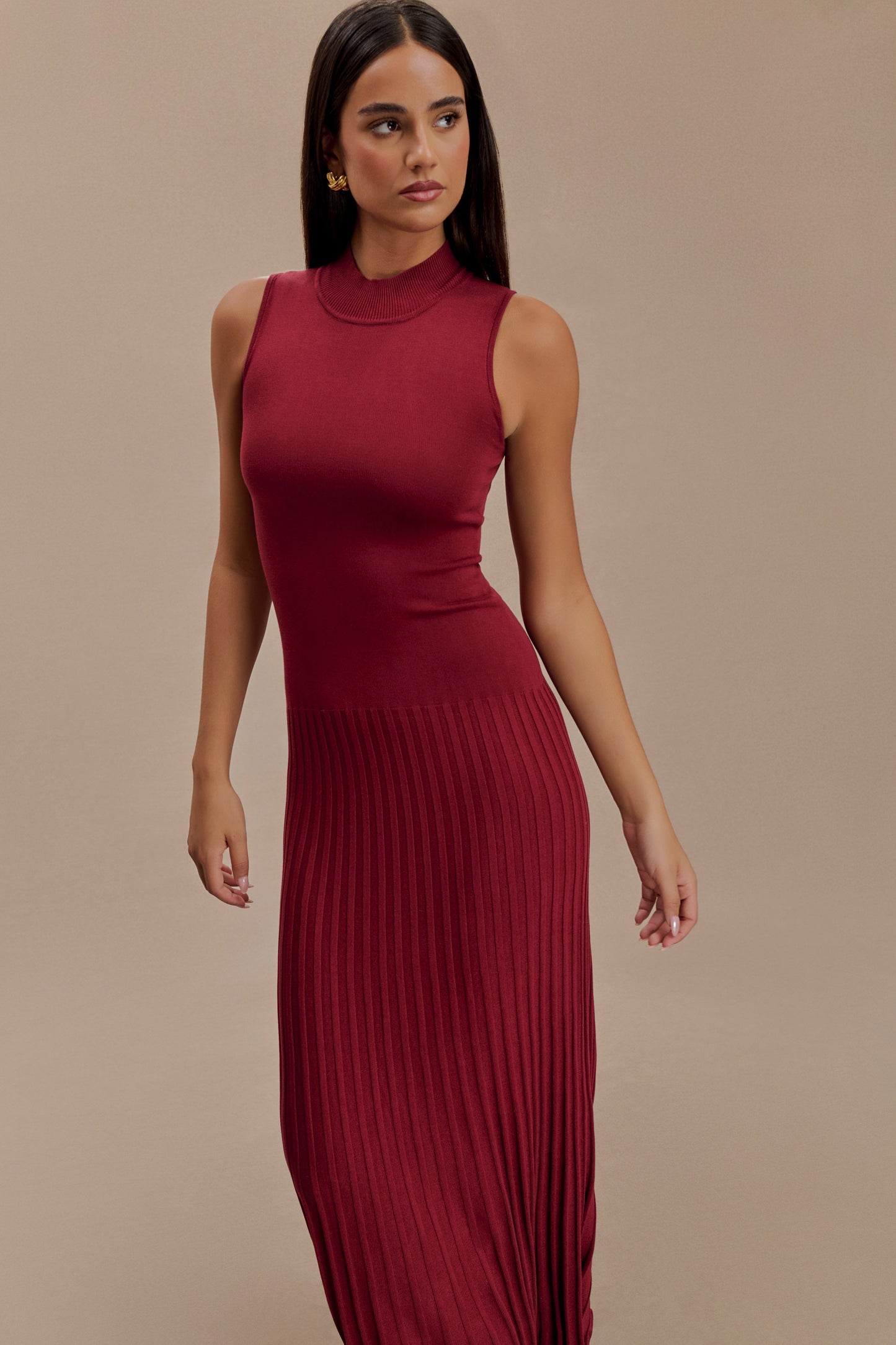 Mavis High Neck Pleated Maxi Dress - Mahogany