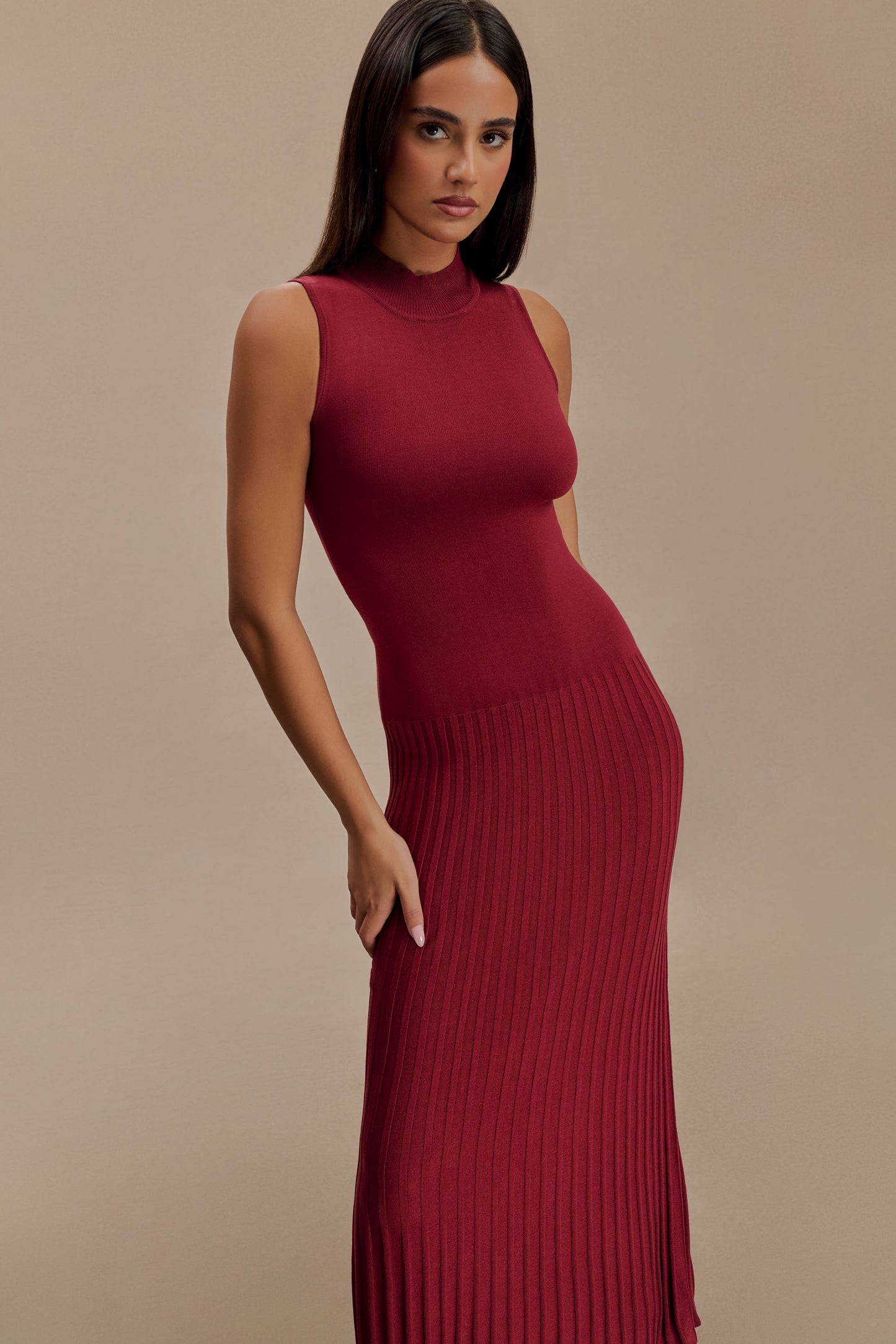 Mavis High Neck Pleated Maxi Dress - Mahogany