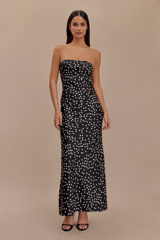 Claudette Strapless Satin Maxi Dress - Black Polka Dot Print