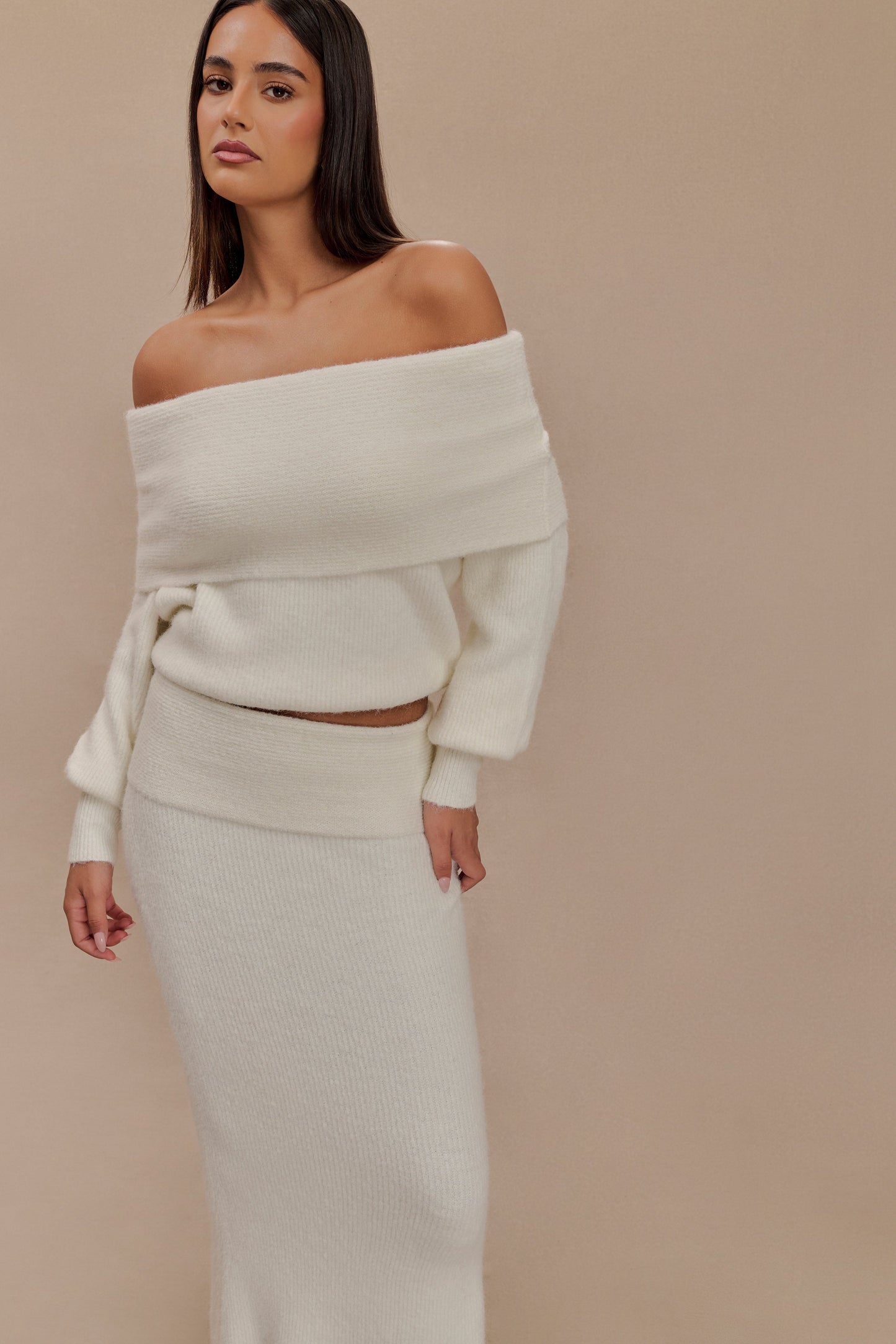 Charlotte Knit Maxi Skirt With Overlay - Ivory