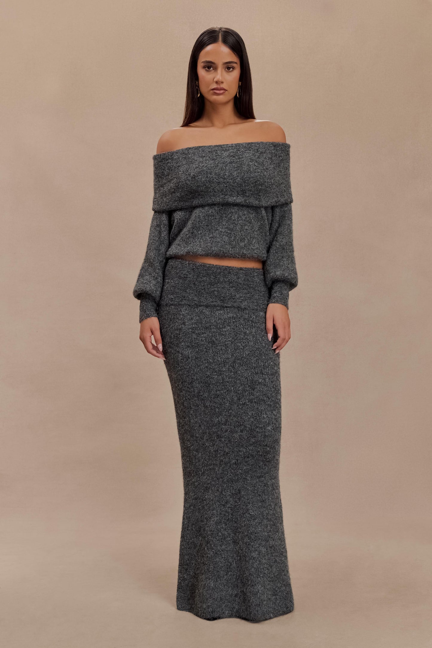 Charlotte Off Shoulder Knit Long Sleeve Top - Charcoal Marle