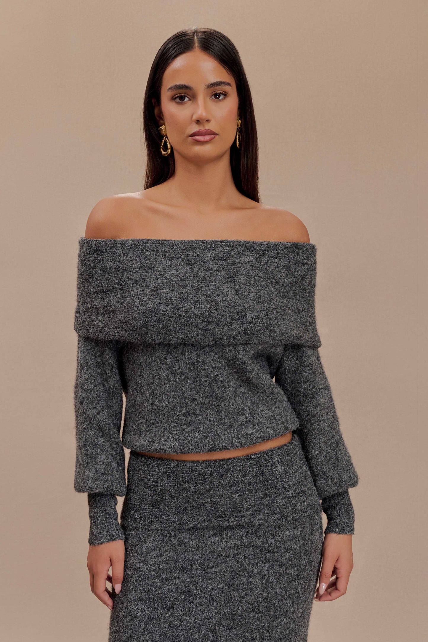 Charlotte Off Shoulder Knit Long Sleeve Top - Charcoal Marle