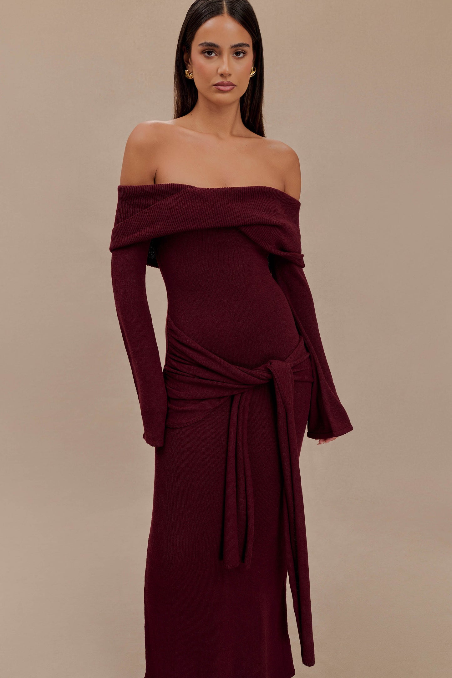 Cameron Off Shoulder Tie Maxi Dress - Merlot