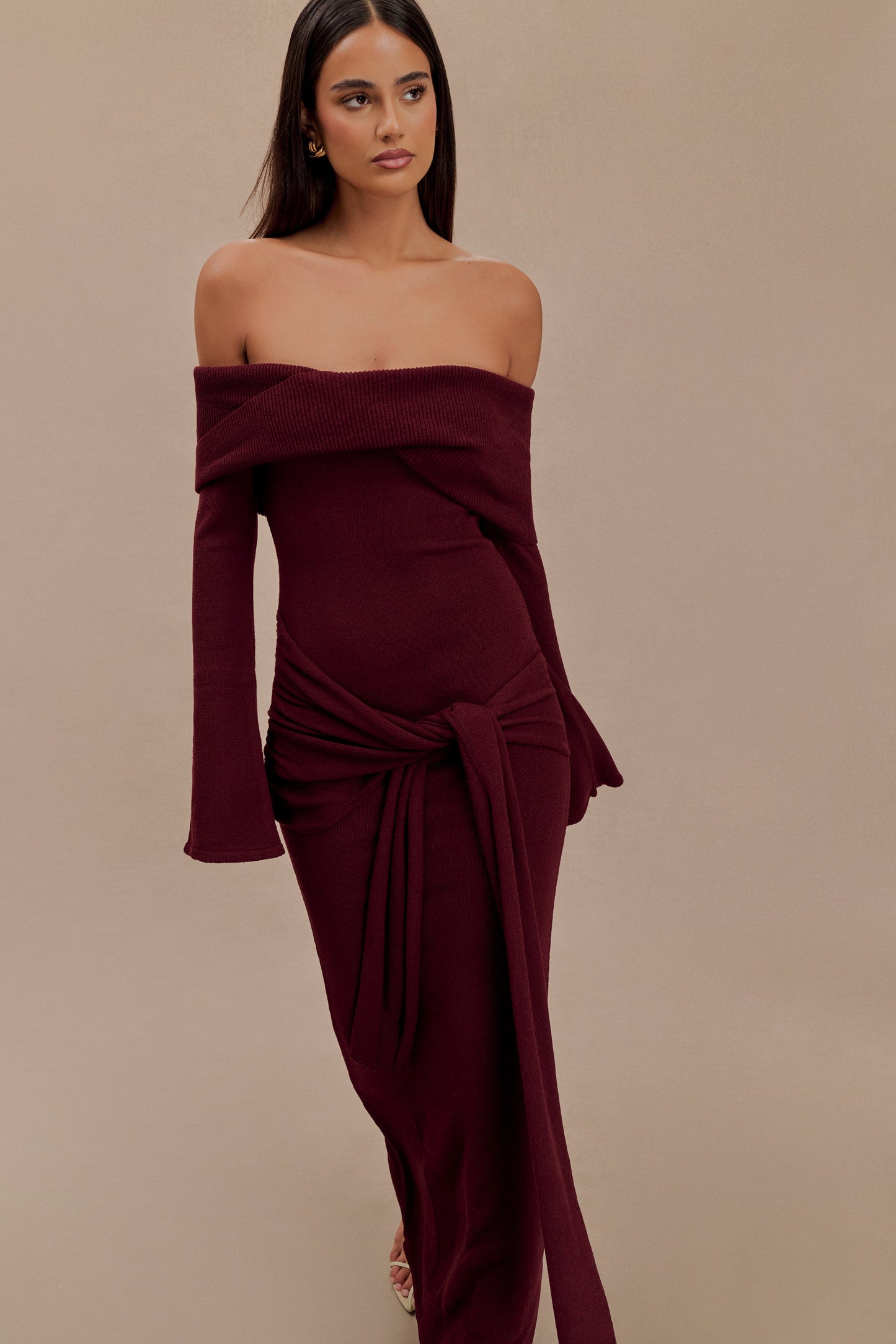 Cameron Off Shoulder Tie Maxi Dress - Merlot