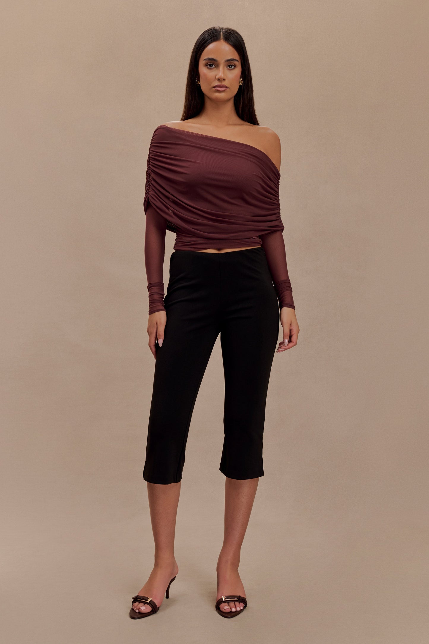 Everly Sheer Mesh Off Shoulder Top - Mahogany