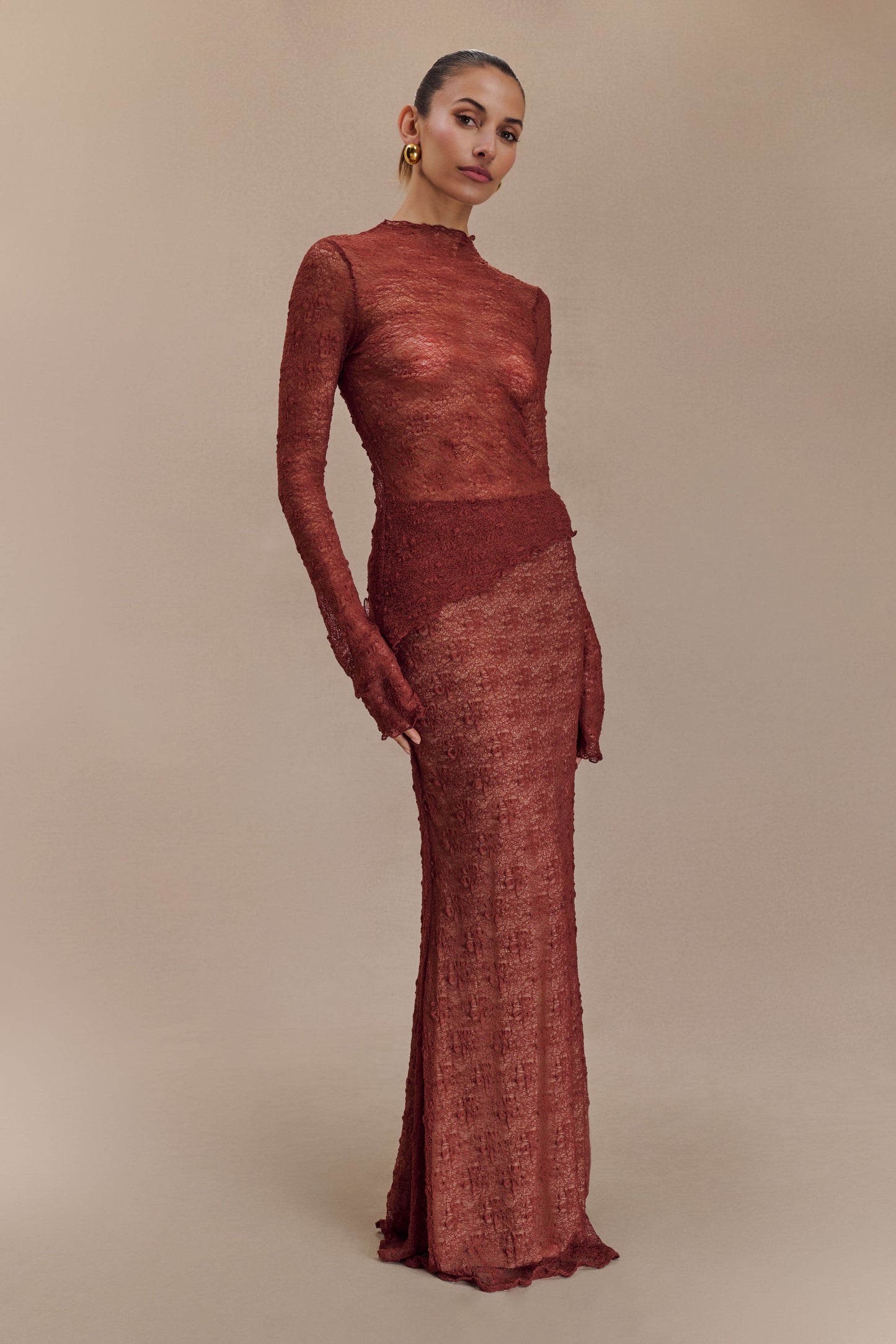 Robyn Sheer Lace Maxi Skirt - Chilli