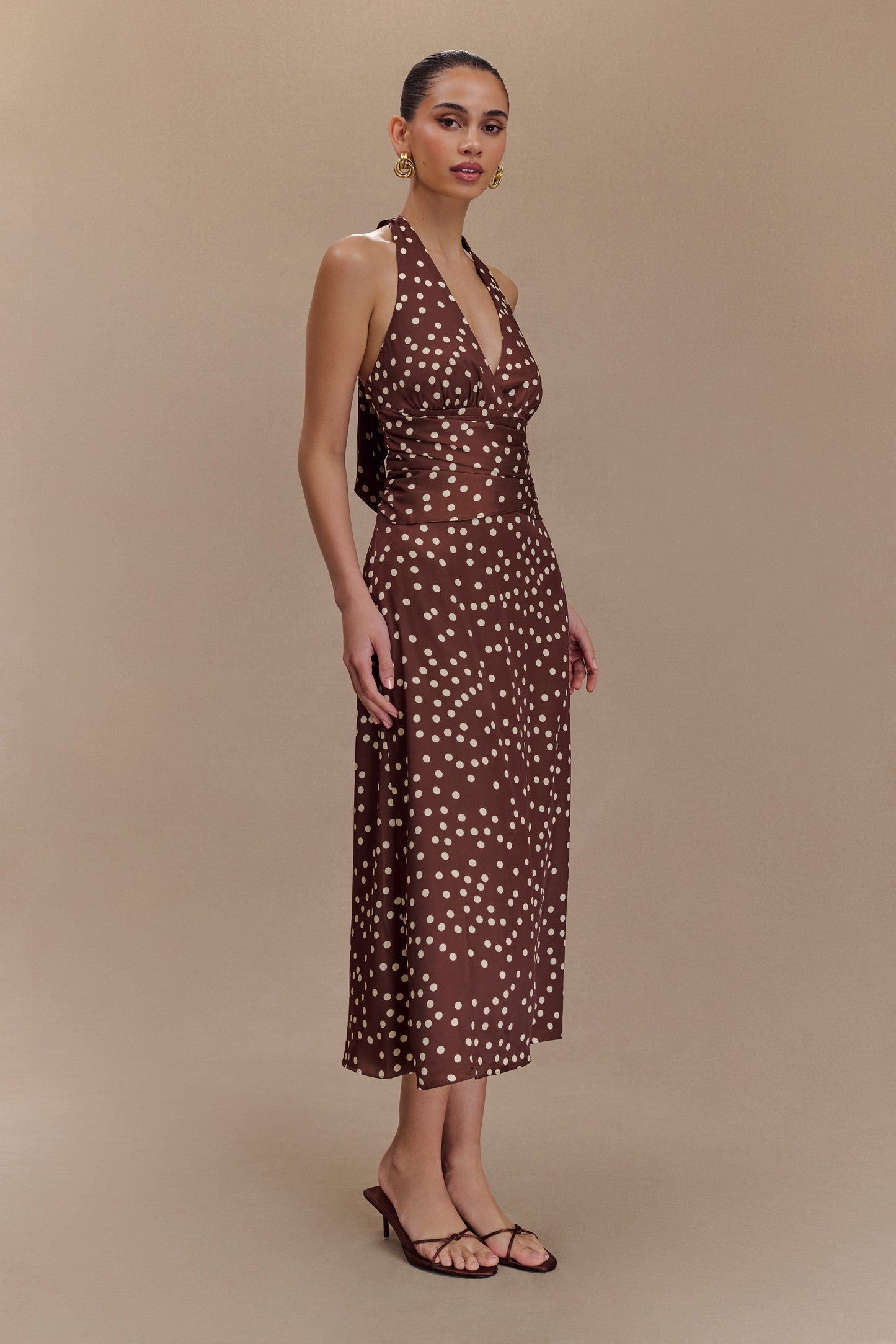 Marguerite Satin Halter Midi Dress - Brown Polka Dot Print