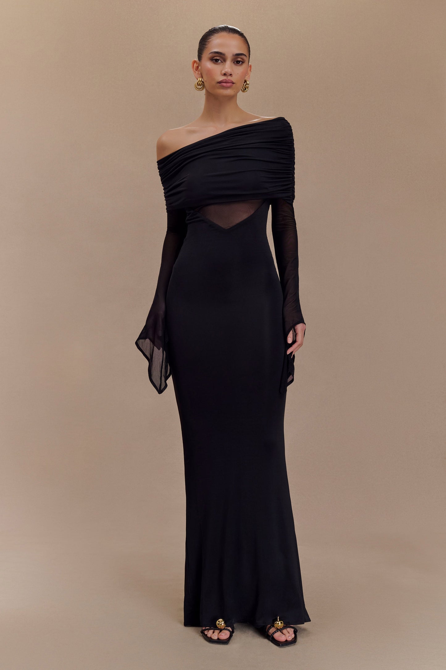 Kaitlin One Shoulder Slinky And Mesh Maxi Dress - Black