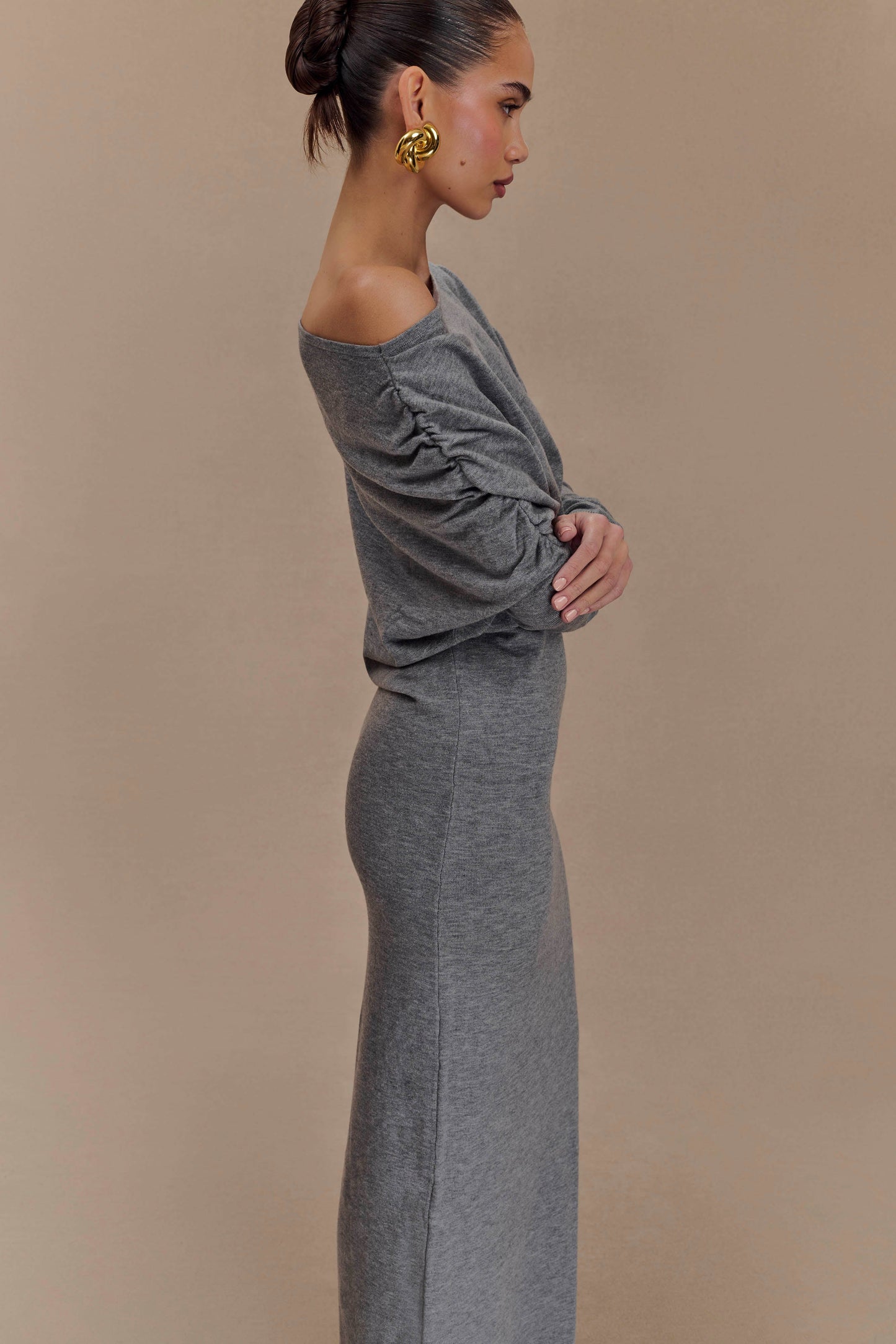 Jessie Cowl Neck Knit Midi Dress - Charcoal Marle