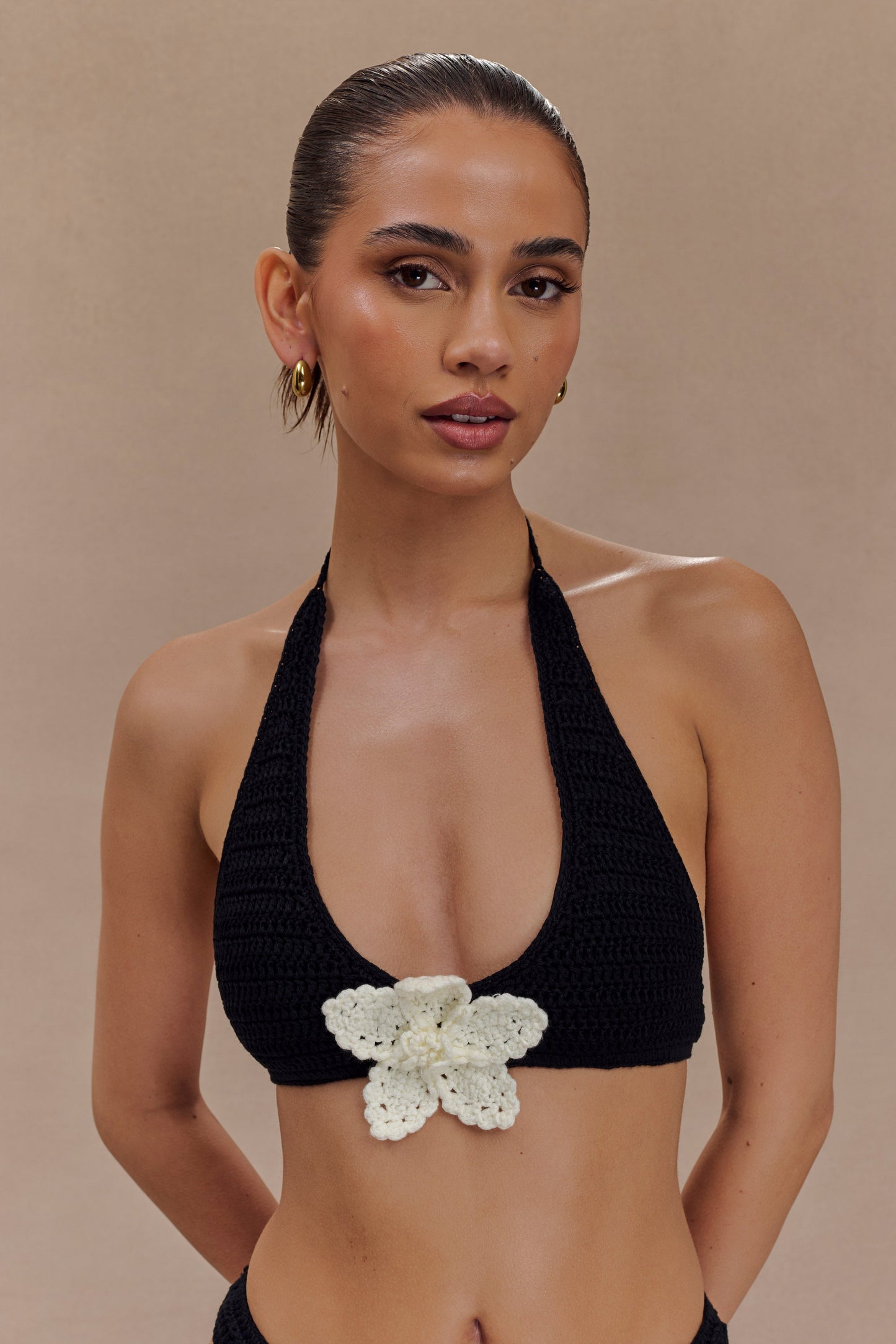 Rhiannon Floral Crochet Halter Bikini Top - Black And White