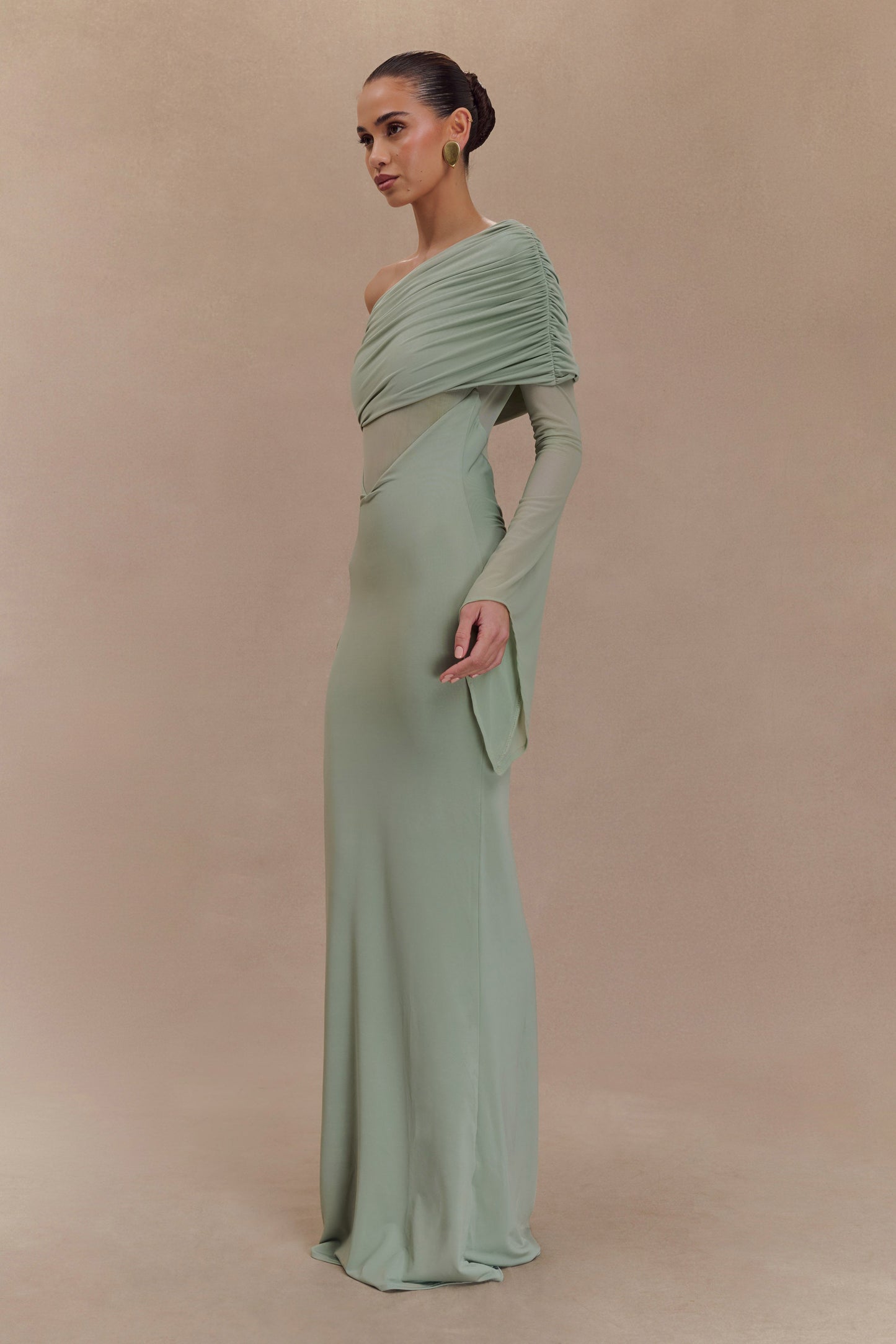 Kaitlin One Shoulder Slinky And Mesh Maxi Dress - Basil