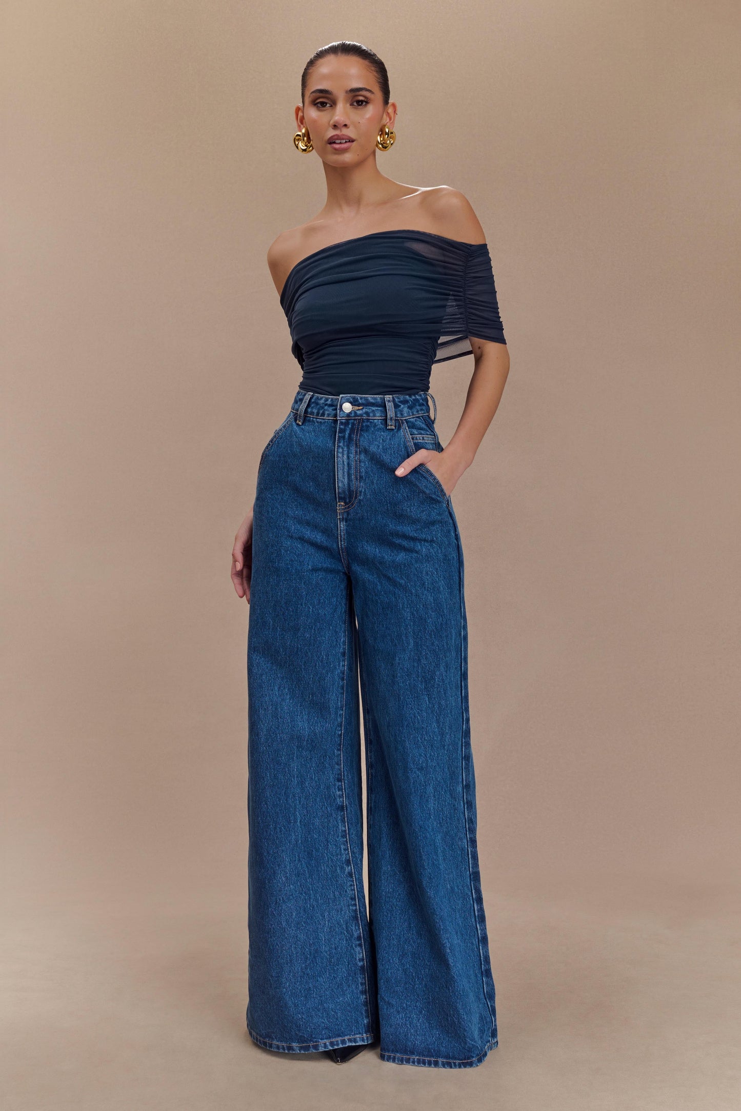 Arna Off Shoulder Mesh Crop Top - Midnight Blue