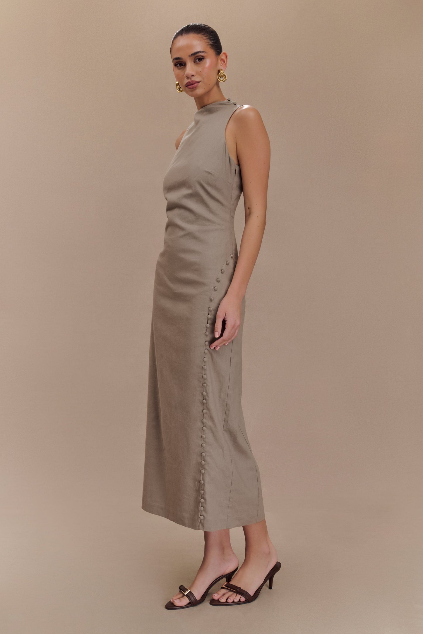 Bronte Linen Button Midi Dress - Pebble