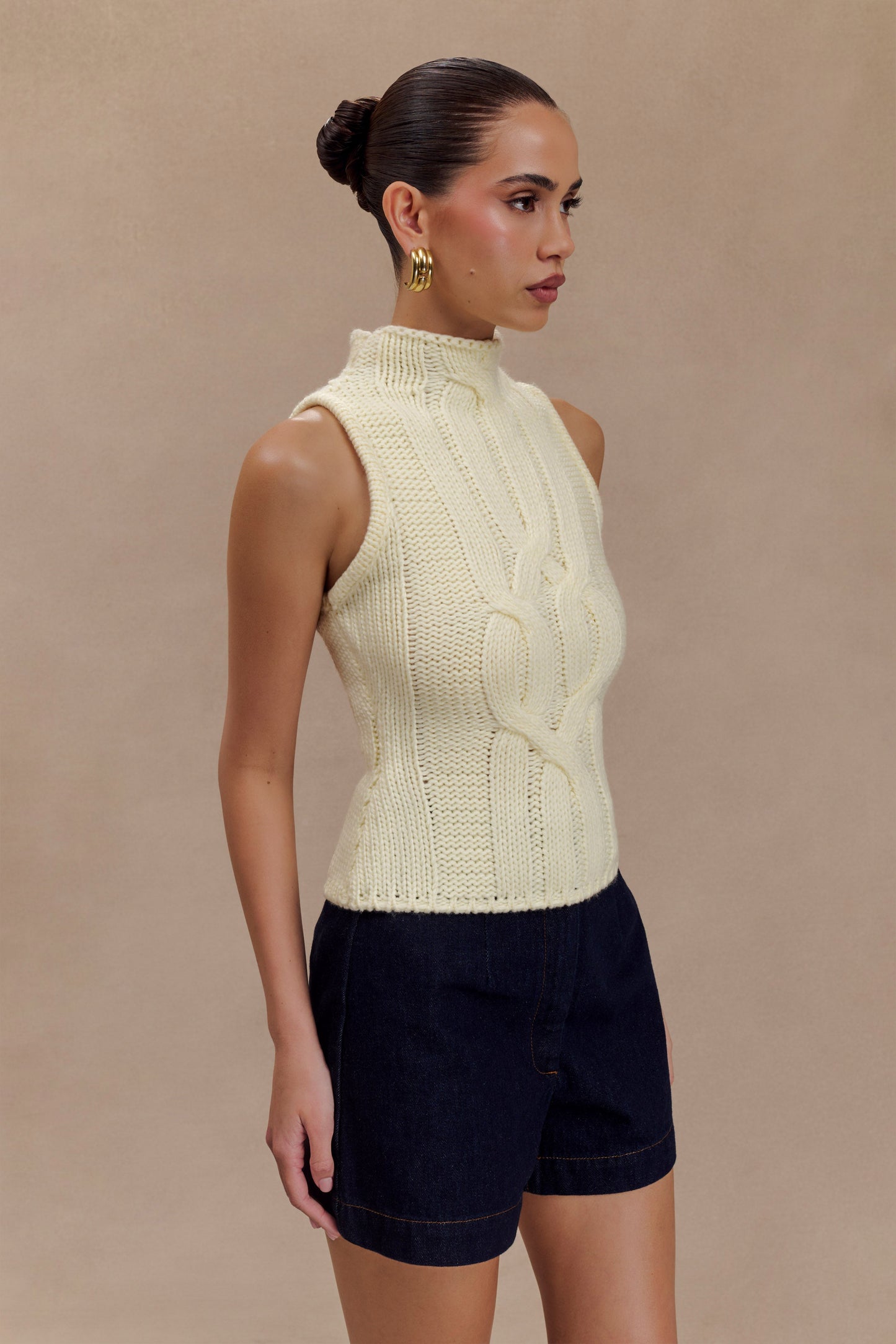 Roberta High Neck Cable Knit Top - Ivory