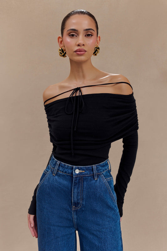 Polly Off Shoulder Long Sleeve Knit Top - Black