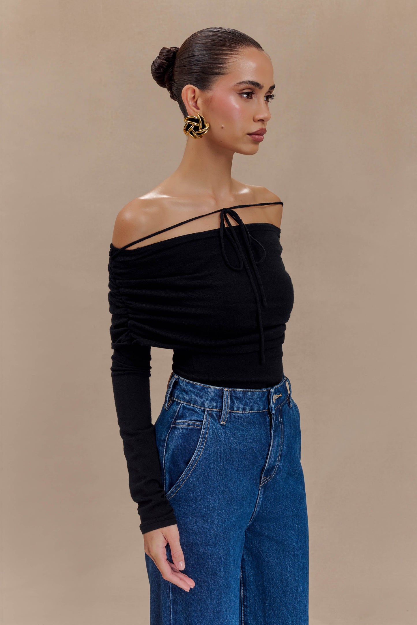 Polly Off Shoulder Long Sleeve Knit Top - Black