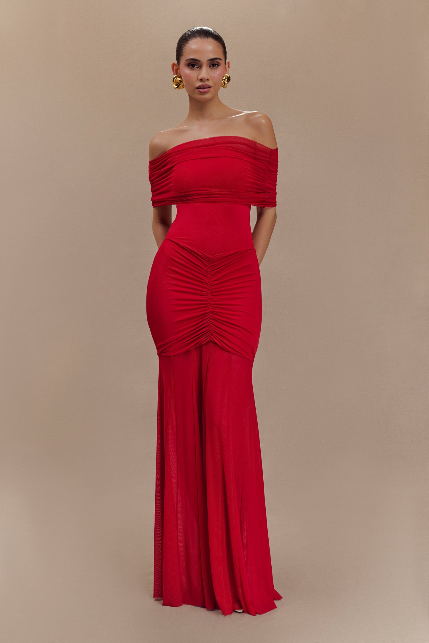 Caspian Slinky And Mesh Off Shoulder Maxi Dress - Ruby