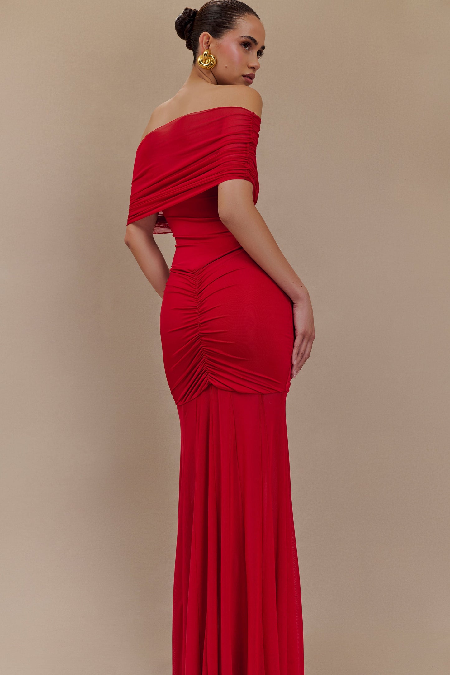 Caspian Slinky And Mesh Off Shoulder Maxi Dress - Ruby