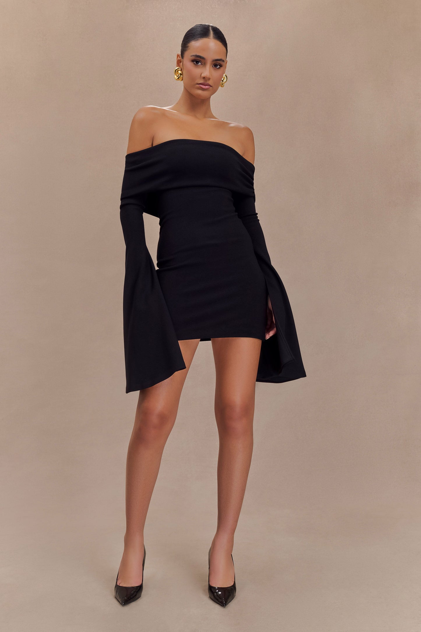 Dominique Off Shoulder Long Sleeve Mini Dress - Black