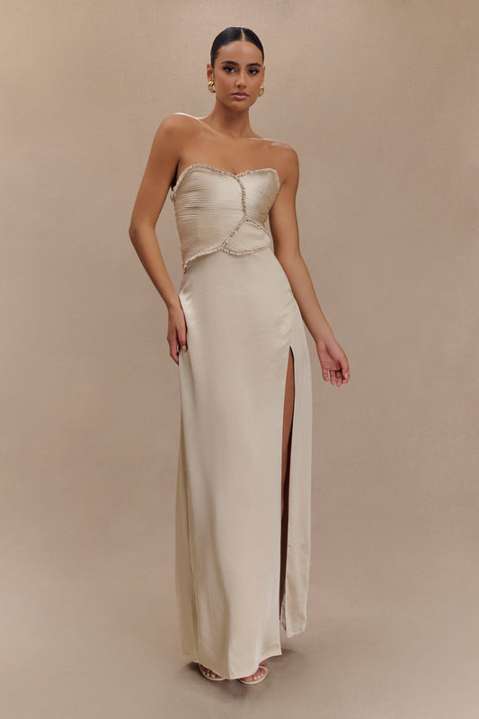 Larissa Satin Maxi Dress With Ruched Petals - Champagne