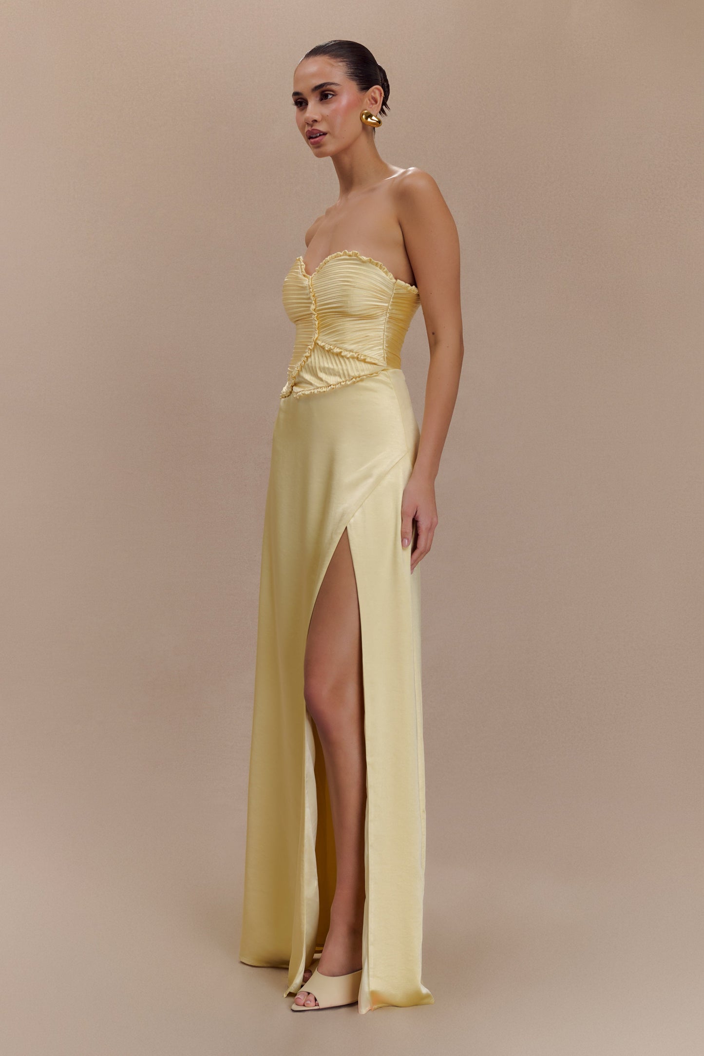 Larissa Satin Maxi Dress With Ruched Petals - Lemon