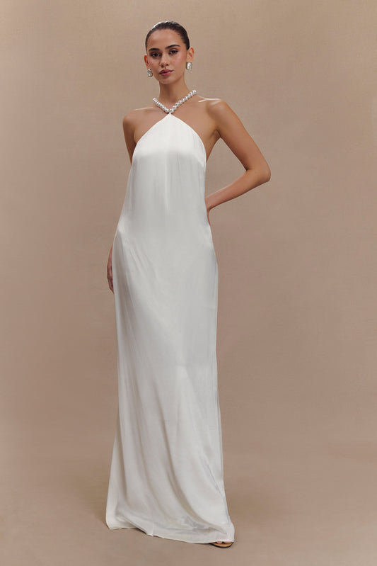 Blanche Satin Pearl Halter Maxi Dress - White