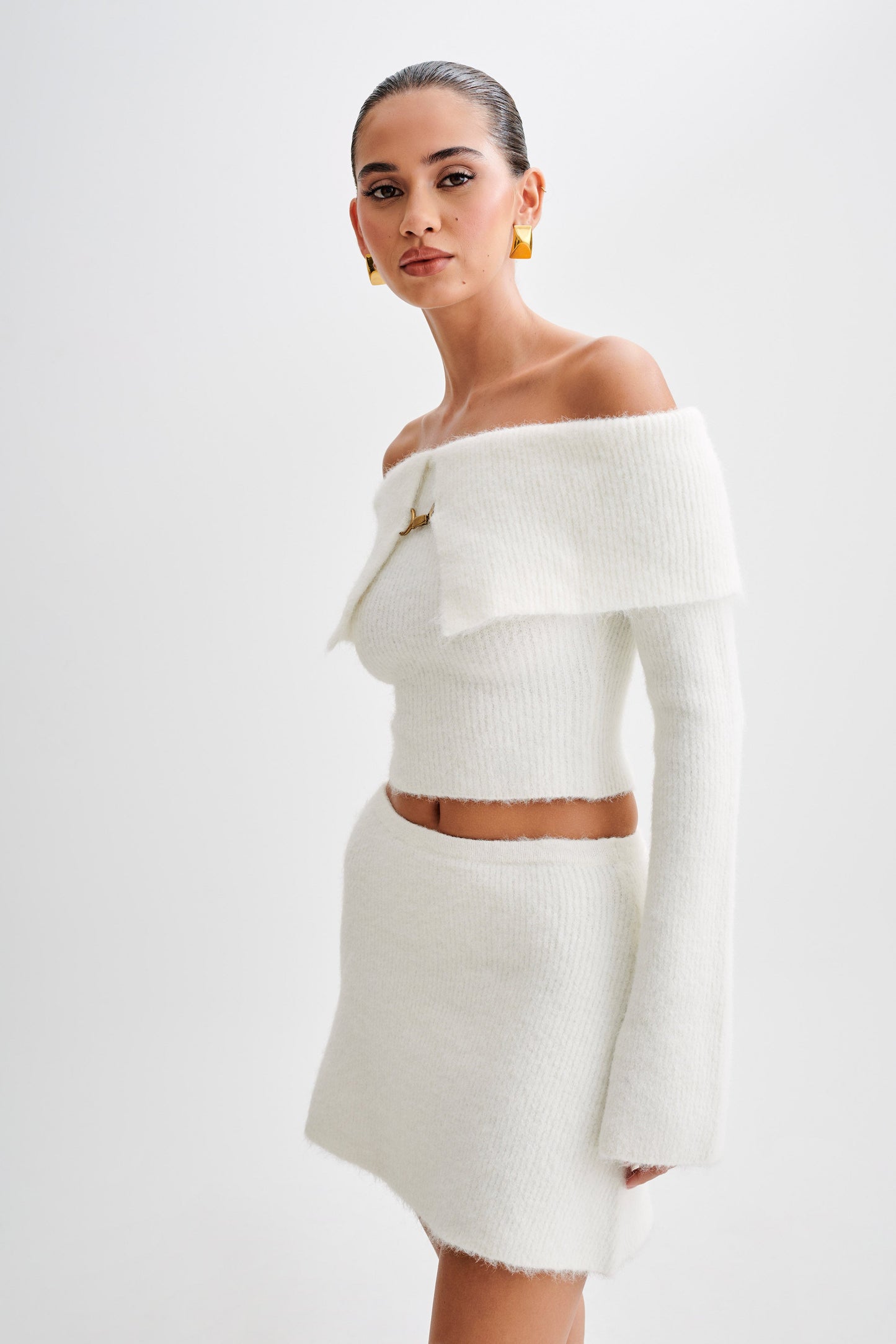 Baxter Off Shoulder Fluffy Knit Top - Ivory