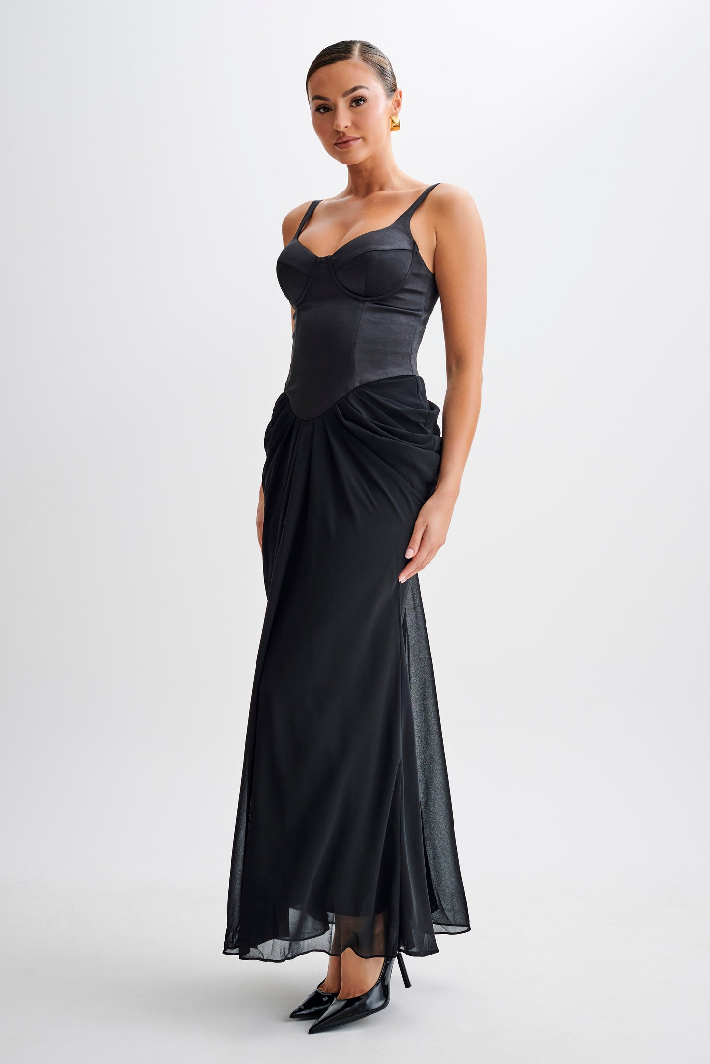 Leila Satin Corset Maxi Dress - Black