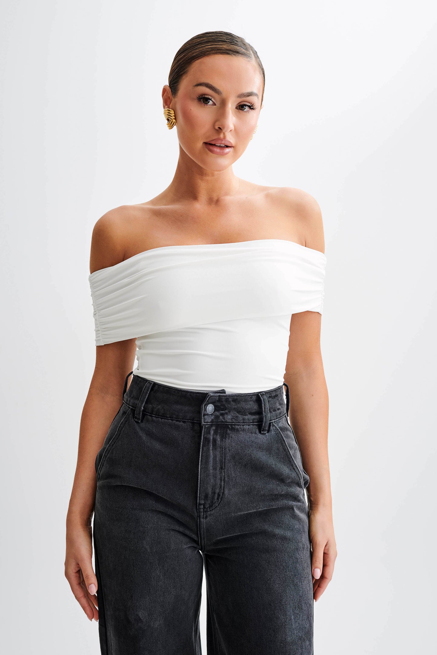 Meena Recycled Nylon Off Shoulder Top - White