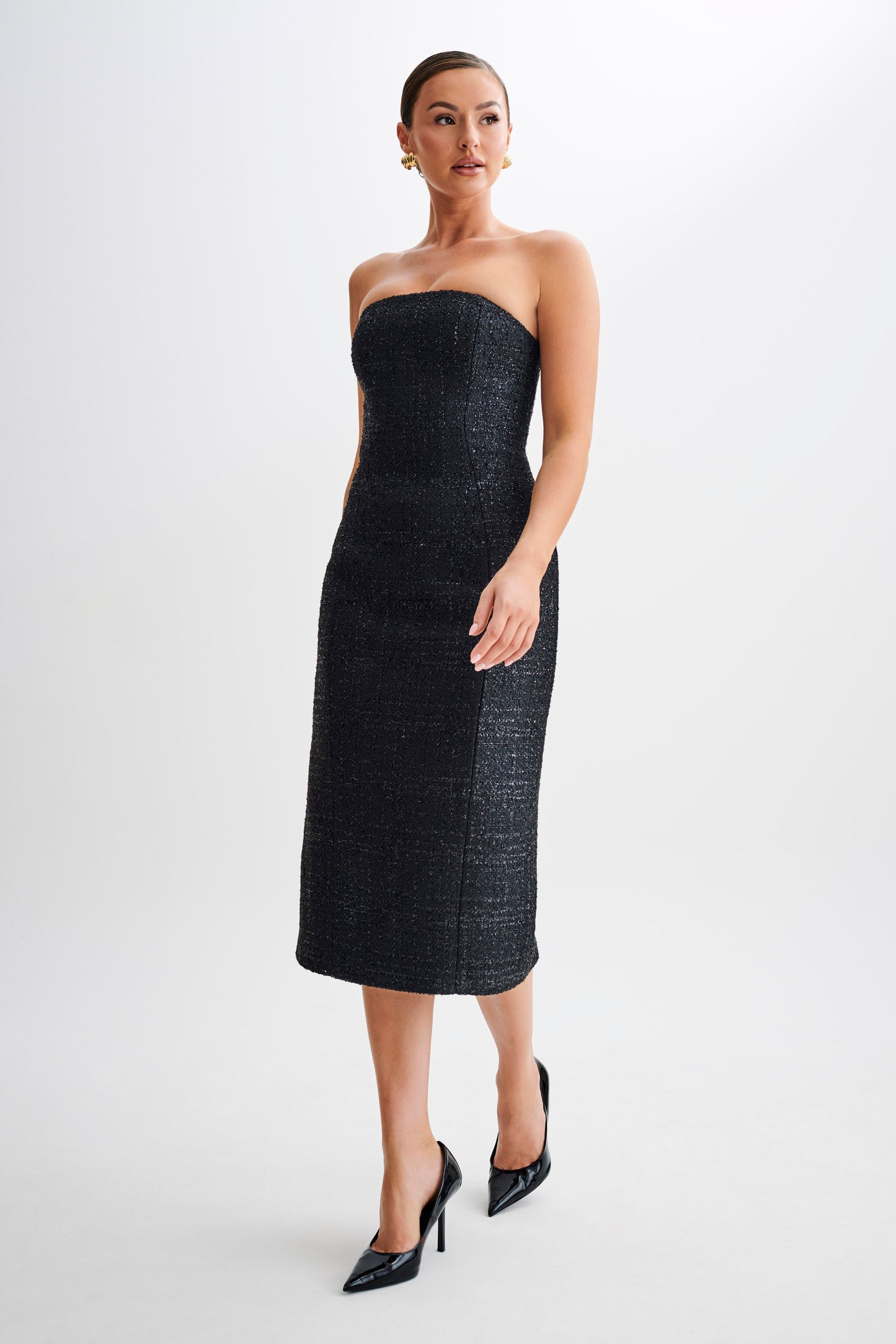 Monet Tweed Strapless Midi Dress - Black