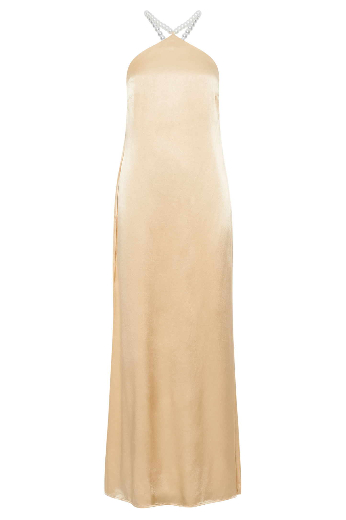 Blanche Satin Pearl Halter Maxi Dress - Peach