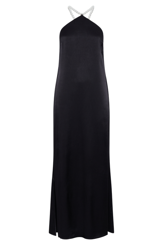 Blanche Satin Pearl Halter Maxi Dress - Black