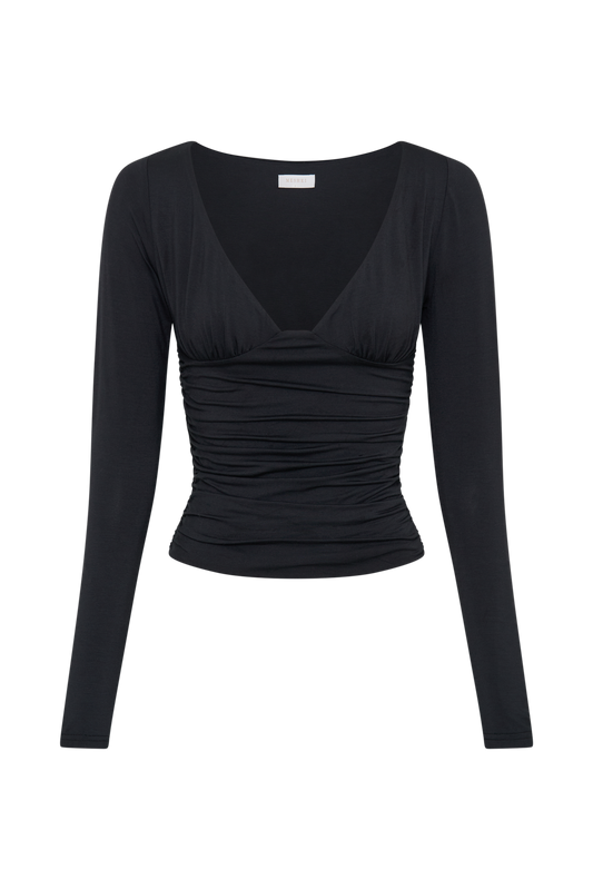 Sutton Ruched Long Sleeve Top - Black